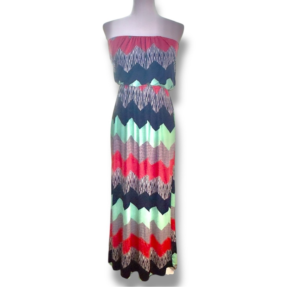 Trixxi Strapless Chevron Maxi Dress in Pink, Navy, Mint and Coral
